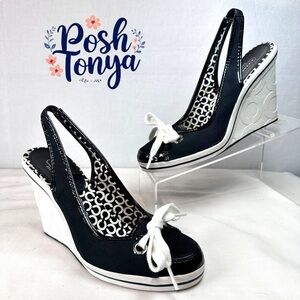 Coach Emilanna Wedge Heels Black White Sporty Slingback Bow Designer Chic, Sz 8